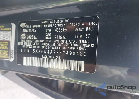 2015 Kia Optima Ex z USA, uszkodzony, nr VIN 5XXGN4A72FG490421